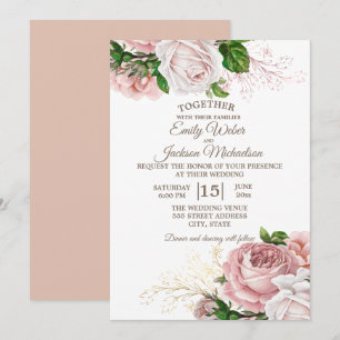 Elegante botanische rosa Blumenrosen Weiße Hochzei Einladung
