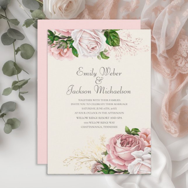 Elegante Botanische Rose Rosa Blütencreme Hochzeit Einladung (Blush pink vintage floral wedding invitatio with elegant script)