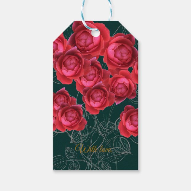 Elegante botanische Rosen-Klappkarte Geschenkanhänger (Vorderseite)