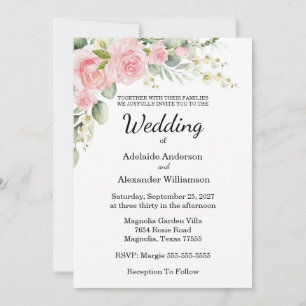 Elegante botanische Rosenhochzeit in Rosa Einladung