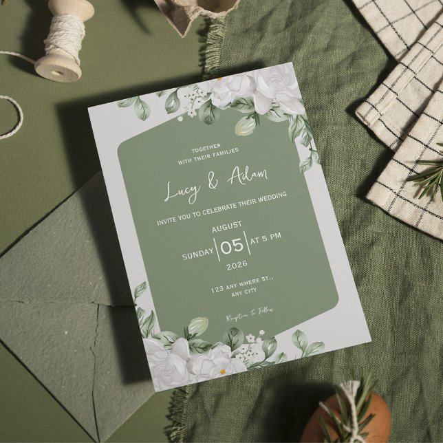 Elegante botanische Sage Green White Floral Hochze Einladung (Von Creator hochgeladen)