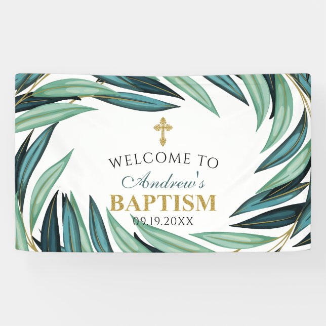 Elegante Botanische Taufe Willkommen Banner (Horizontal)