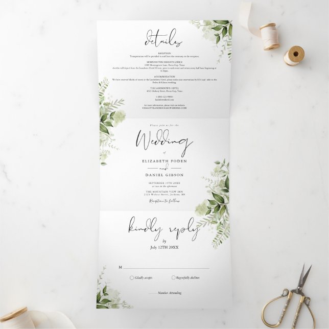 Elegante botanische Vegetation Blätter Foto Hochze Dreifach Gefaltete Einladung (Innenseite)