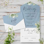 Elegante botanische Vegetation Dusty Blue Wedding All In One Einladung<br><div class="desc">Alle in einer Hochzeitseinladung mit botanischen grünen rustikalen Blätter und eleganter Typografie. Die Einladung enthält eine perforierte RSVP-Karte,  die für Sie individuell adressiert oder links als leere Adresse für die Handschrift der Adressdaten Ihres Gastes verwendet werden kann. Entwickelt von Thisisnotme©</div>