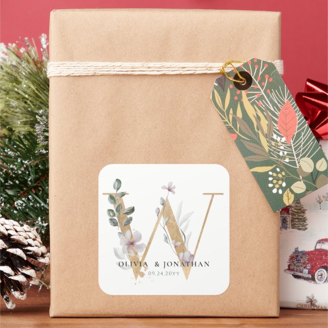 Elegante botanische Vegetation Gastgeschenk Hochze Quadratischer Aufkleber (Feiertag)