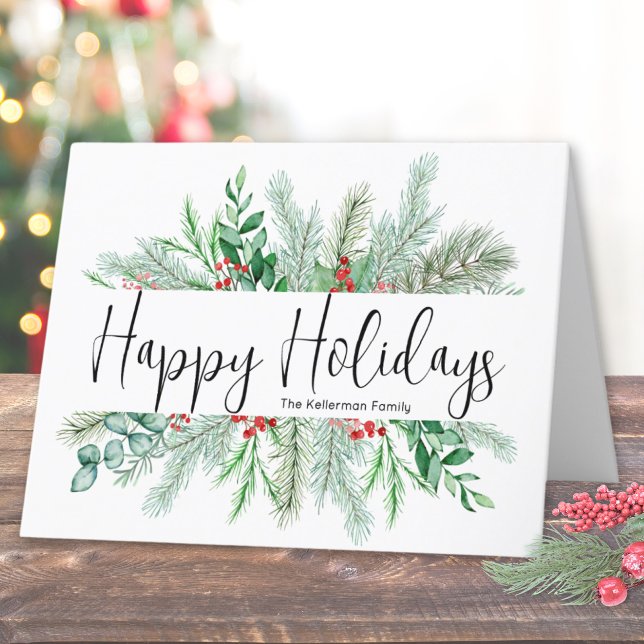 Elegante botanische Vegetation Weihnachtsfest Feiertagskarte (Elegant Bontanical Greenery Christmas Happy Holiday Card )