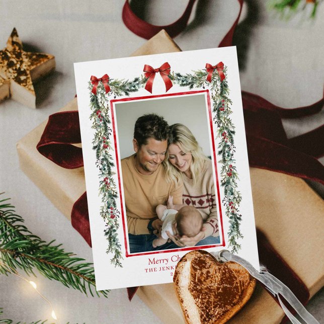 Elegante botanische Weihnachtsfotokarte Karte (Elegant Botanical Merry Christmas photo card)