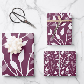 Elegante botanische weiße Silhouette auf Pflaume Geschenkpapier Set