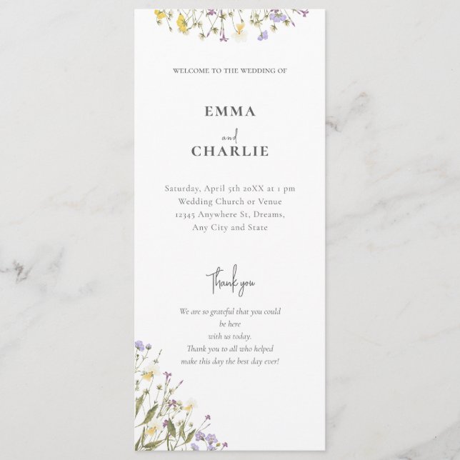 Elegante botanische Wildblume Script Wedding Programm (Vorderseite)