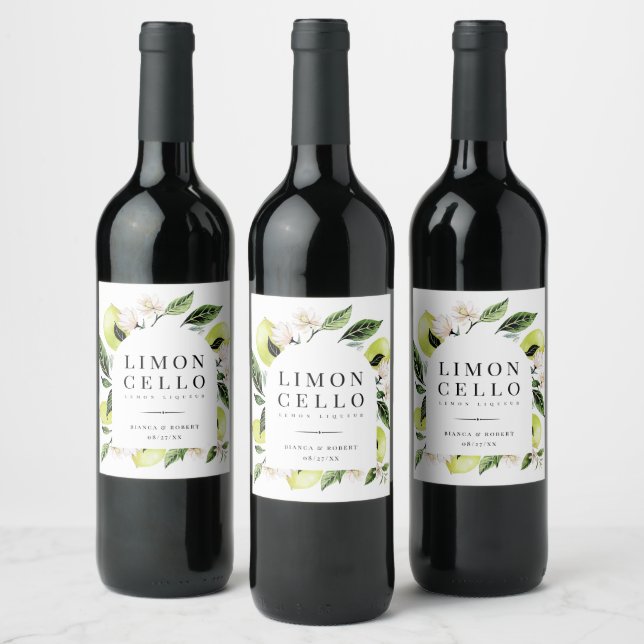 Elegante Botanische Zitronen Rahmen Limoncello Win Weinetikett (Flaschen)
