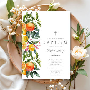 Elegante botanische Zitrus-Religion Mädchen-Taufe Einladung