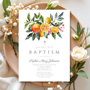 Elegante botanische Zitrus-Religion Mädchen-Taufe Einladung