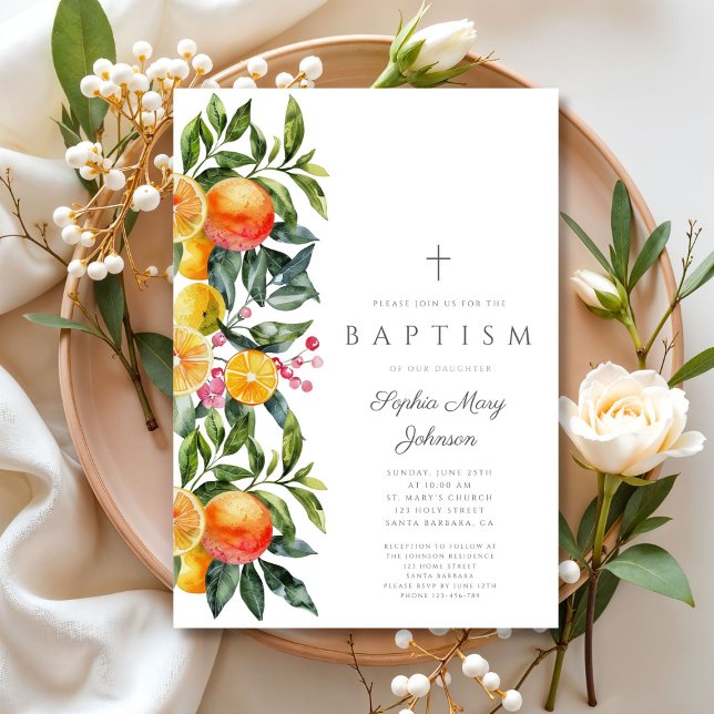 Elegante Botanische Zitruskirche Religiöse Taufe Einladung (Elegant Botanical Citrus Religious Girl Baptism Invitation)