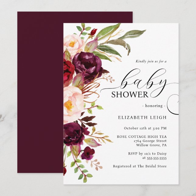Elégante Bourgogne Floral Baby shower Invitation (Devant / Derrière)