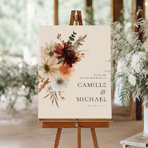 Élégante Bourgogne Floral Mariage Affiche de bienv