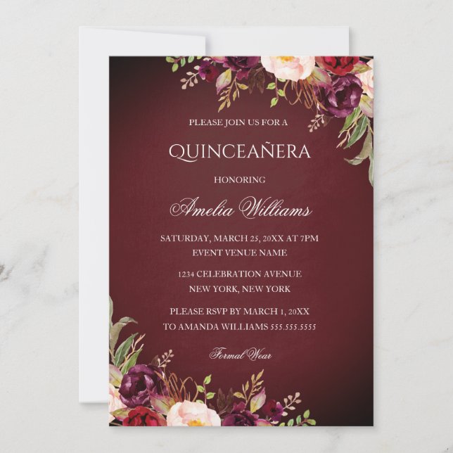 Elégante Bourgogne Floral Quinceanera Invitation (Devant)