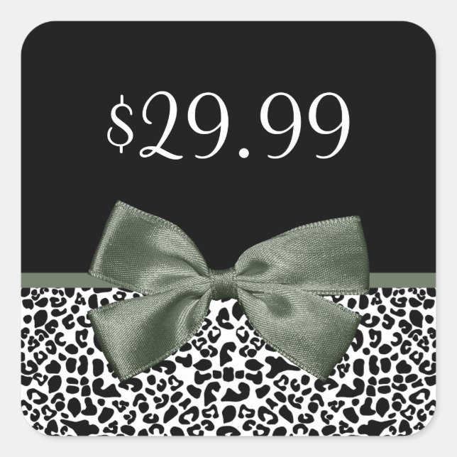 Elegante Boutique Leopard Print Mossy Green Bow Quadratischer Aufkleber (Vorderseite)
