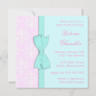 Elegante Bow Aquamarin Blue Pink Damask Baby Girl  Einladung