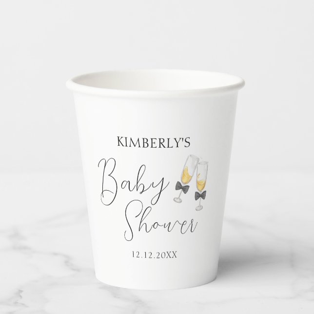 Elegante Bow Champagne Stripe Sip & See Baby Dusch Pappbecher (Vorderseite)
