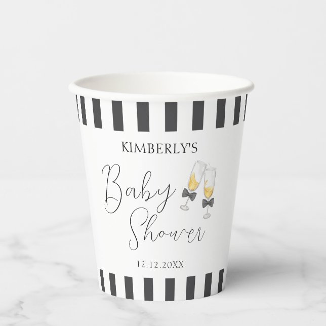 Elegante Bow Champagne Stripe Sip & See Baby Dusch Pappbecher (Vorderseite)