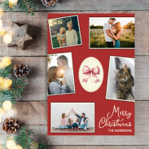 Elegante Bow Red Christmas Foto Collage Card