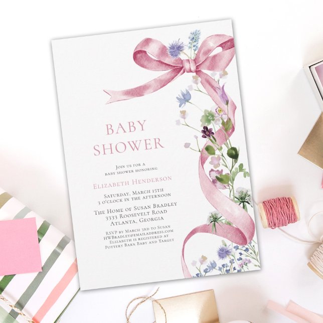 Elegante Bow Ribbon Wildblume Pink Baby Dusche Einladung (Von Creator hochgeladen)