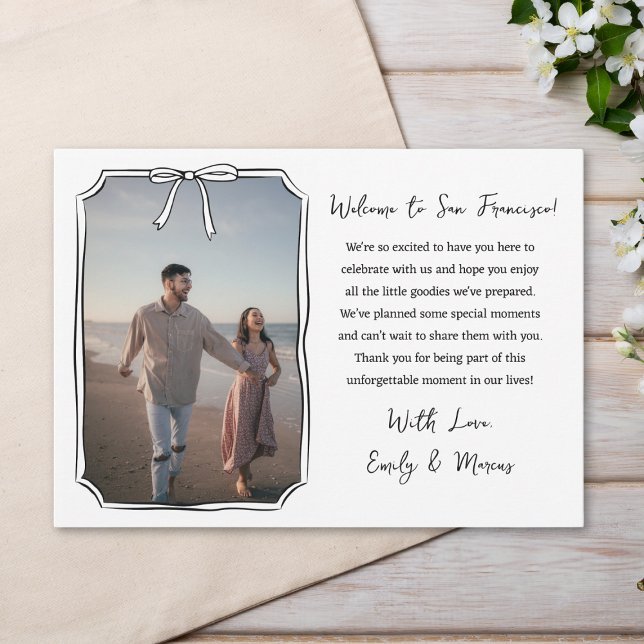 Elegante Bow Wedding Welcome Bag Card mit Foto Dankeskarte (Von Creator hochgeladen)