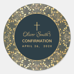 Elegante Boy Confirmation Vintag Gold Blätter Blau Runder Aufkleber