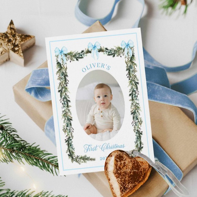 Elegante Boy First Christmas Foto Card Karte (Baby Boy First Christmas Photo Card)