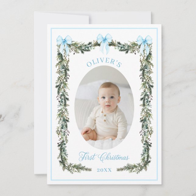 Elegante Boy First Christmas Foto Card Karte (Vorderseite)