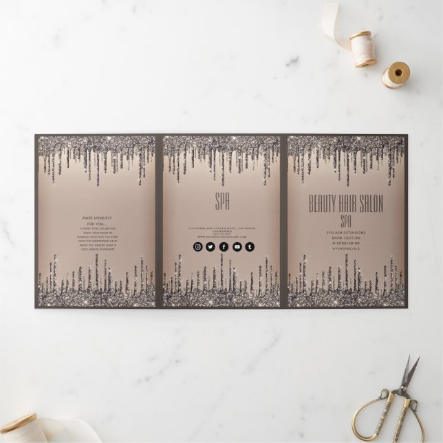 Elegante Braun Glittery Doppelzimmer Tropfen Schön Dreifach-gefaltete Programmkarte (Außenbereich)