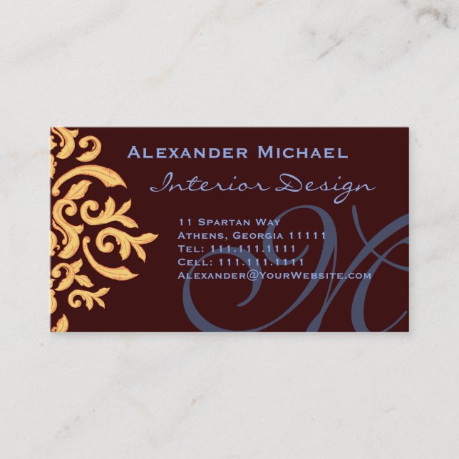 Elegante, braune Blue und Gold Damask Name Cards Visitenkarte (Vorderseite)