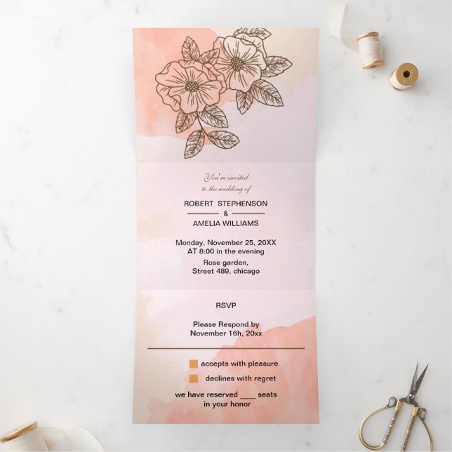 Elegante, braune Blume, maßgeschneiderte Hochzeit Dreifach Gefaltete Einladung (Innenseite)