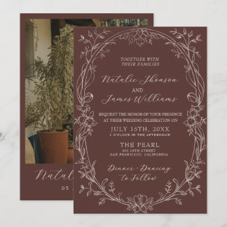 Elegante braune florale Hochzeit im Stil des alten Einladung