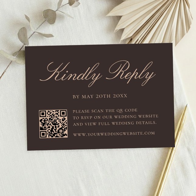 Elegante braune QR-Code-Hochzeit RSVP Karte (Von Creator hochgeladen)