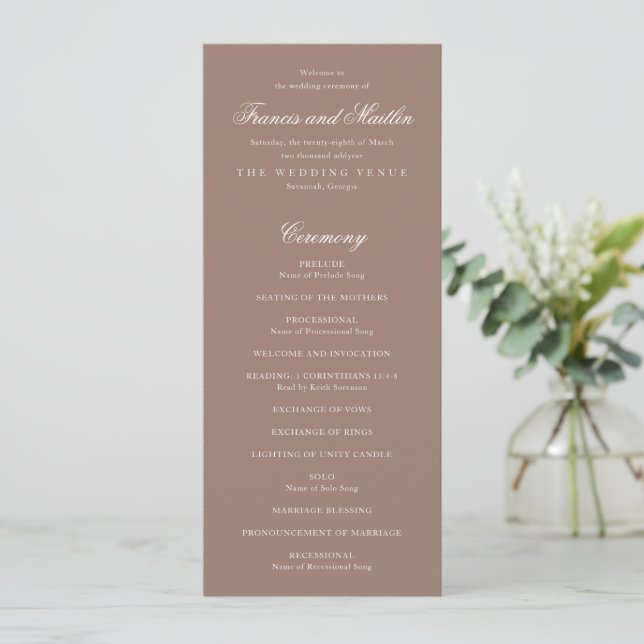 Elegante braune romantische Hochzeit Programm (Stehend Vorderseite)