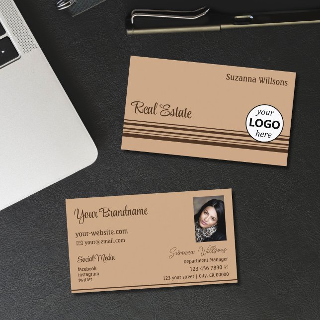 Elegante, braune Streifen mit Logos und Foto Visitenkarte (Von Creator hochgeladen)