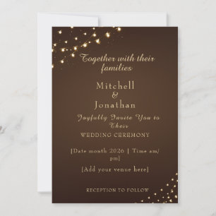 Elegante braune und goldene Lichterkette Hochzeit Einladung