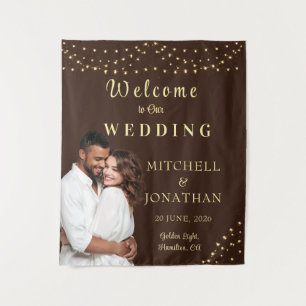 Elegante braune und goldene Lichterketten Hochzeit Wandteppich