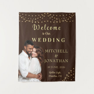Elegante braune und goldene Lichterketten Hochzeit Wandteppich