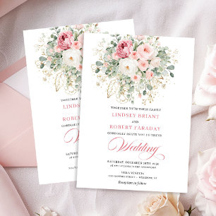 Elegante Brautladung mit rosa Rosen im Boho-Blumen Einladung