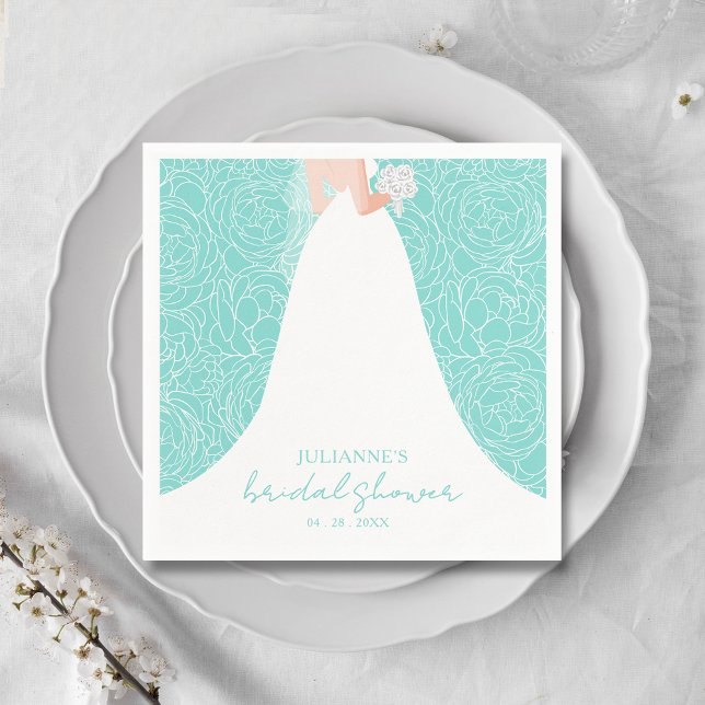 Elegante Bride auf Türkis Brautparty Napkins Serviette (Elegant bride in her gown on a background of sketched roses on turquoise bridal shower napkins)