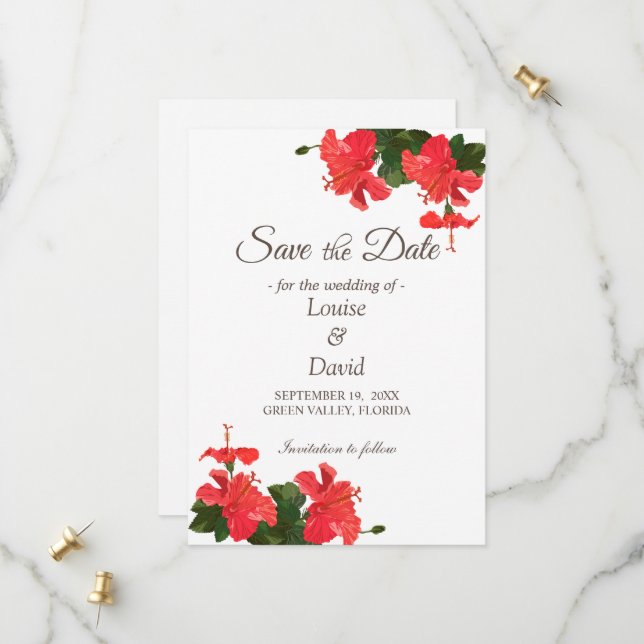 Elegante Bright Hibisken Save the Date Karte (Vorderseite/Rückseite Beispiel)