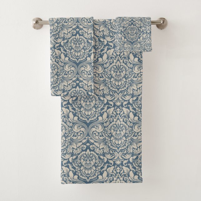 Elégante Brocade baroque bleu Damas sur blanc (En situation)