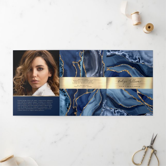Élégante Brochure triple Agate Bleu et Or (Extérieur)