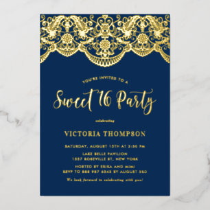 Elegante Brokatspitze Navy Blau Sweet 16 Party Folieneinladung