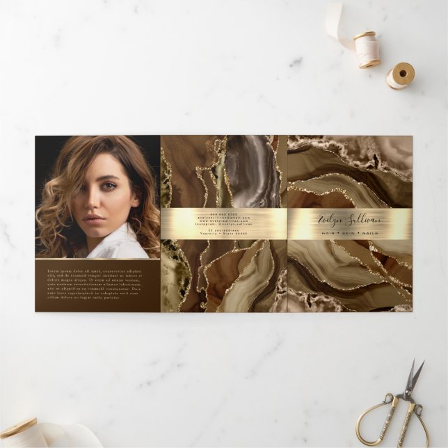 Élégante Brown et Or Agate Tripli Brochure (Extérieur)