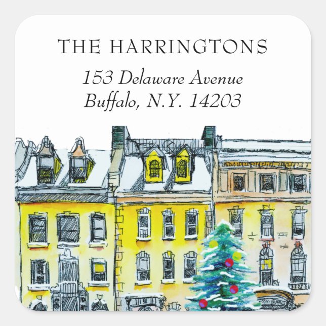 Elegante Brownstone Weihnachts-Rücksendeadresse Quadratischer Aufkleber (Vorderseite)