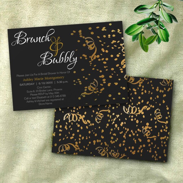 Elegante Brunch Bubbly Brautparty Gold Confetti Einladung (view of the brunch and bubbly front template text design and the back)