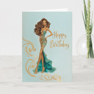 Elegante Brünette in Gold-Teal-Fashionista-Geburts Karte